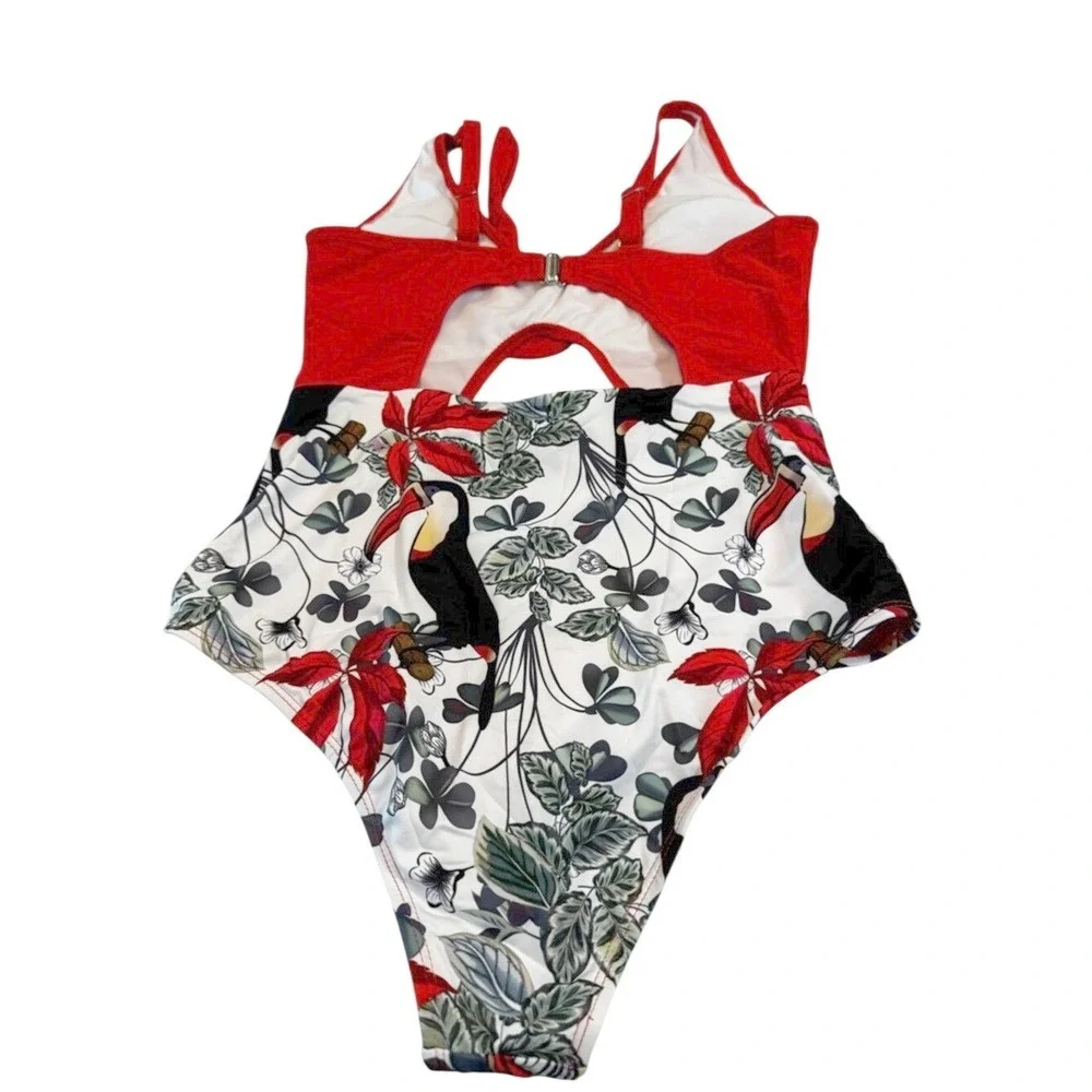 Red Tropical One-Piece Swimsuit with‎ Toucan Print